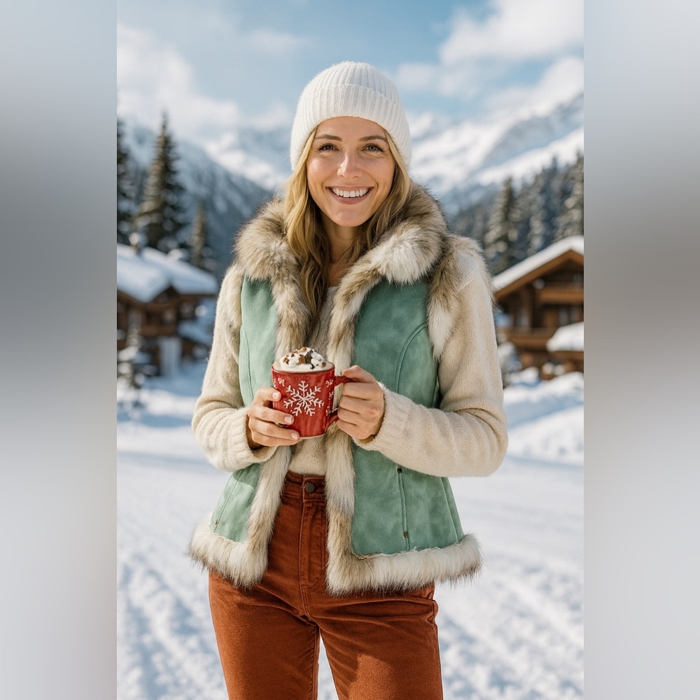 Tasha Polizzi Green and Cream Fur-Trimmed Vest